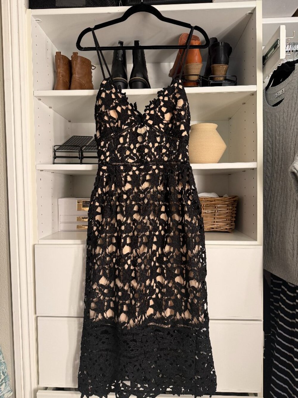Black Floral Crochet Lace Nude Lined Midi Dress Spaghetti Strap L